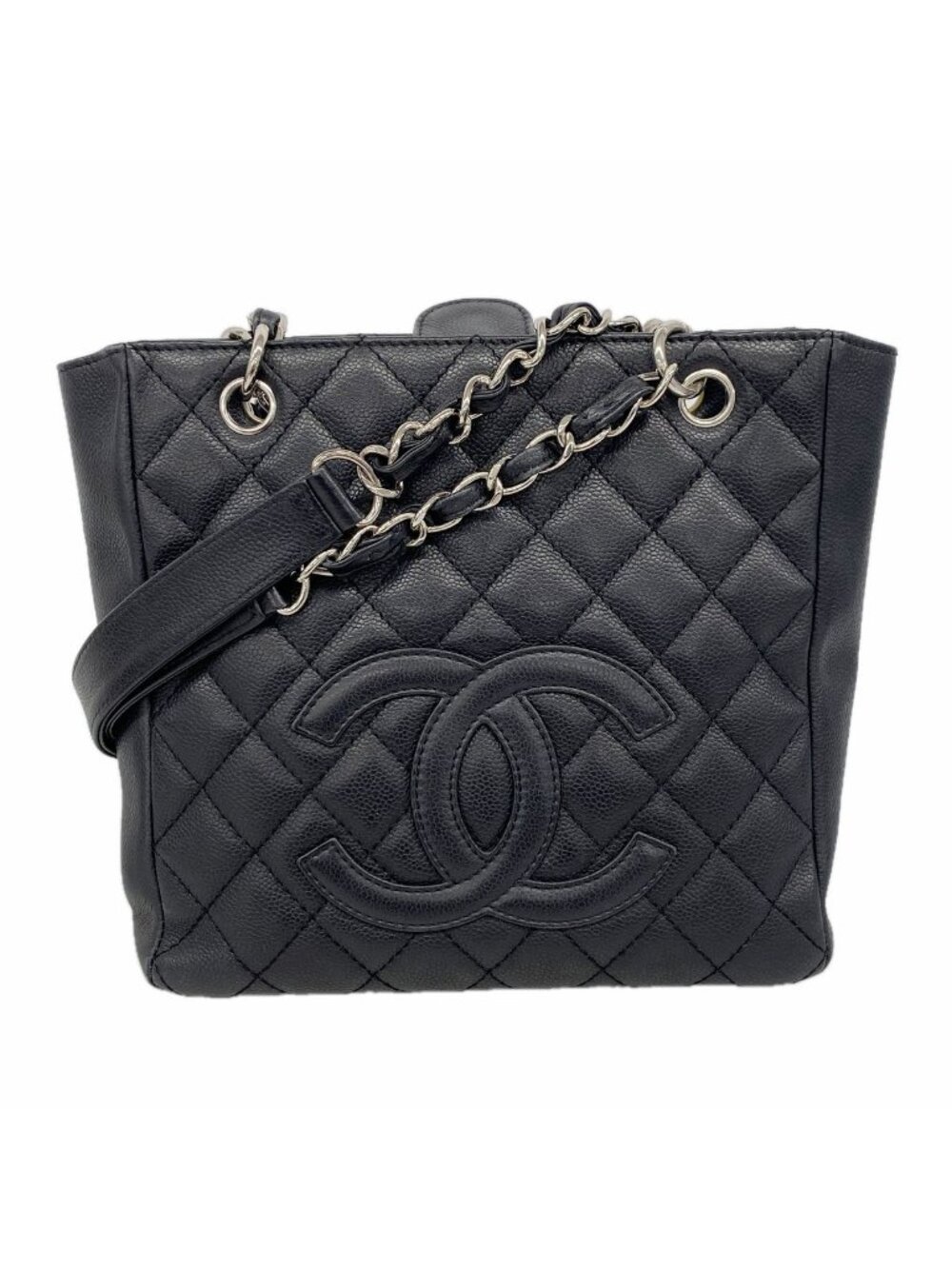 Chanel Chain Tote Quilted Caviar Leather Black Silver